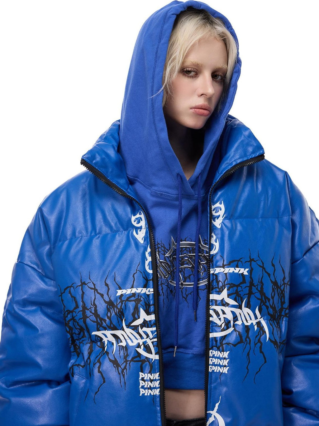 PINKSPINK Moto Pu Leather Zipper High Collar Women's Cotton Filled Puffer Jackets