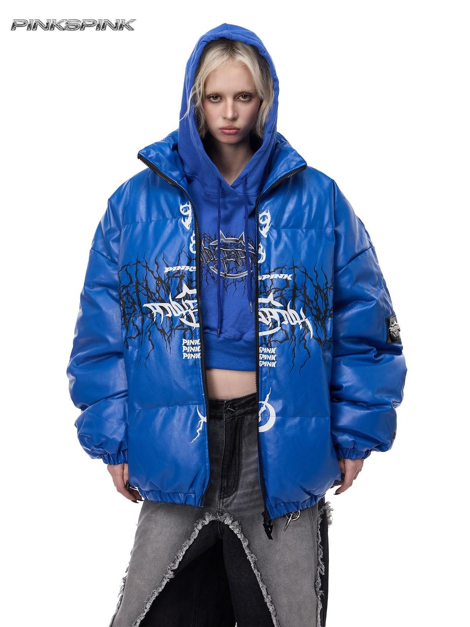 PINKSPINK Moto Pu Leather Zipper High Collar Women's Cotton Filled Puffer Jackets