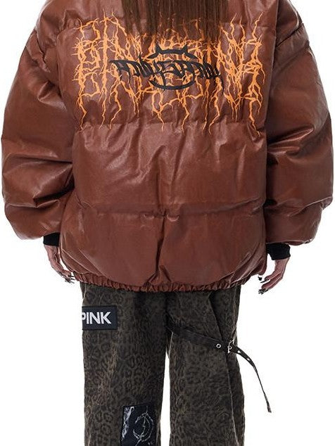 PINKSPINK Moto Pu Leather Zipper High Collar Women's Cotton Filled Puffer Jackets