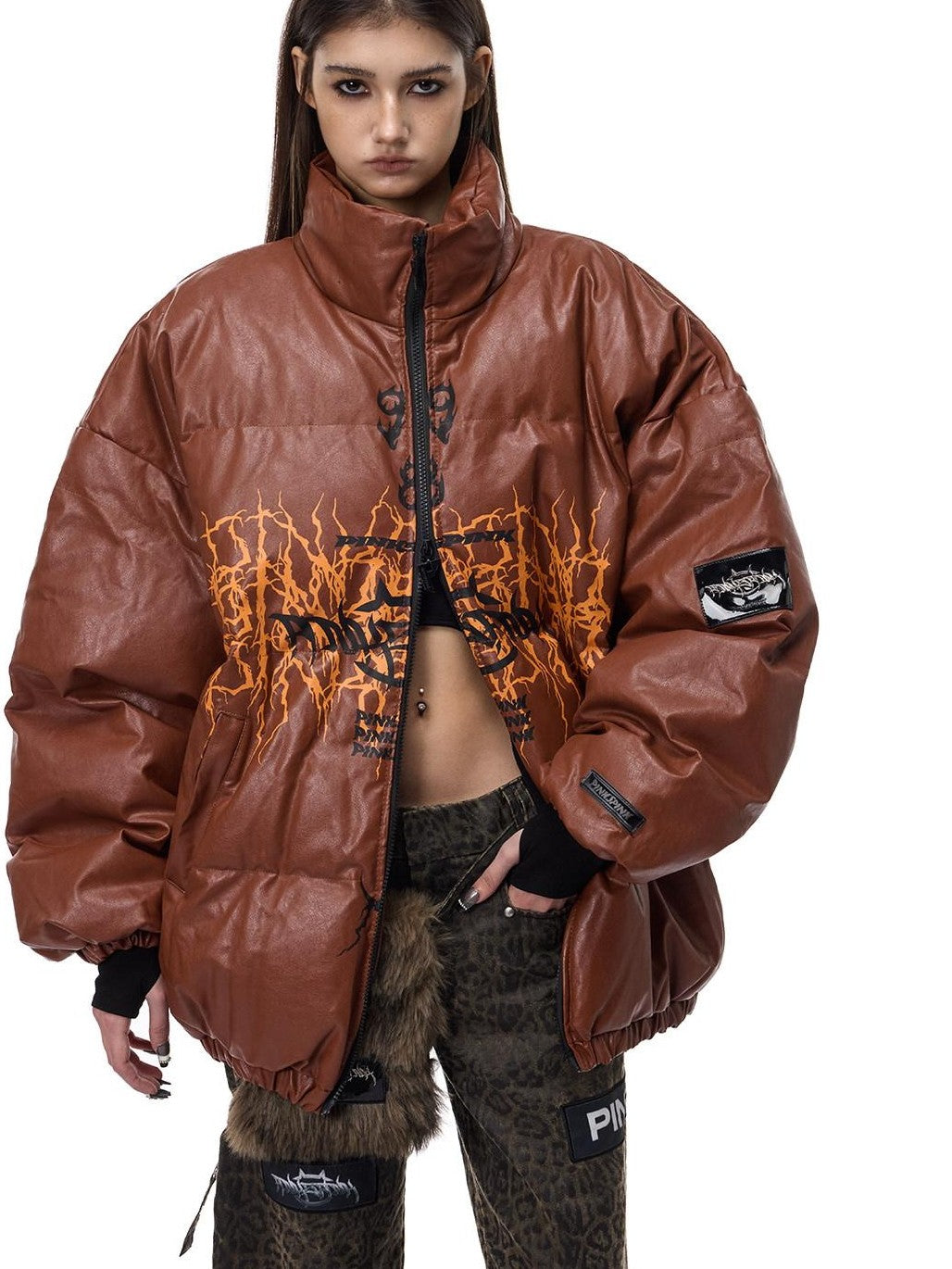 PINKSPINK Moto Pu Leather Zipper High Collar Women's Cotton Filled Puffer Jackets