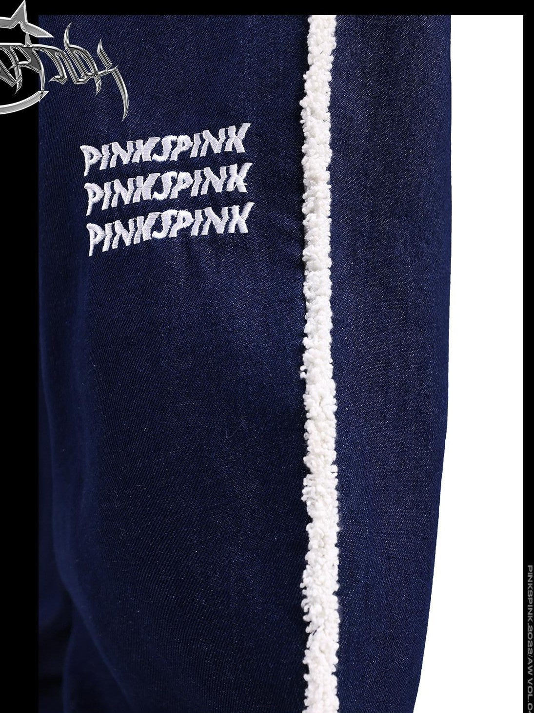 PINKSPINK Navy White Stripe Patch Fleece Lined Women's Denim Straight-leg Jeans