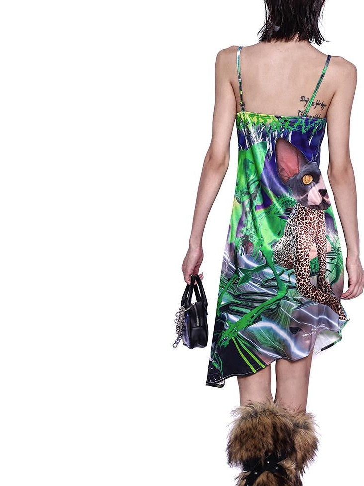 PINKSPINK Neon Green Sphinx Cat 3d Portrait Digital Print Women's Cotton Slip Midi Dresses