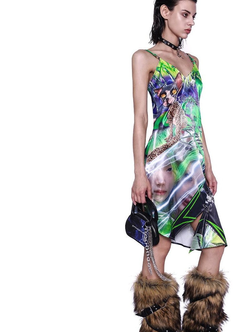 PINKSPINK Neon Green Sphinx Cat 3d Portrait Digital Print Women's Cotton Slip Midi Dresses