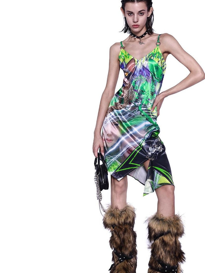 PINKSPINK Neon Green Sphinx Cat 3d Portrait Digital Print Women's Cotton Slip Midi Dresses