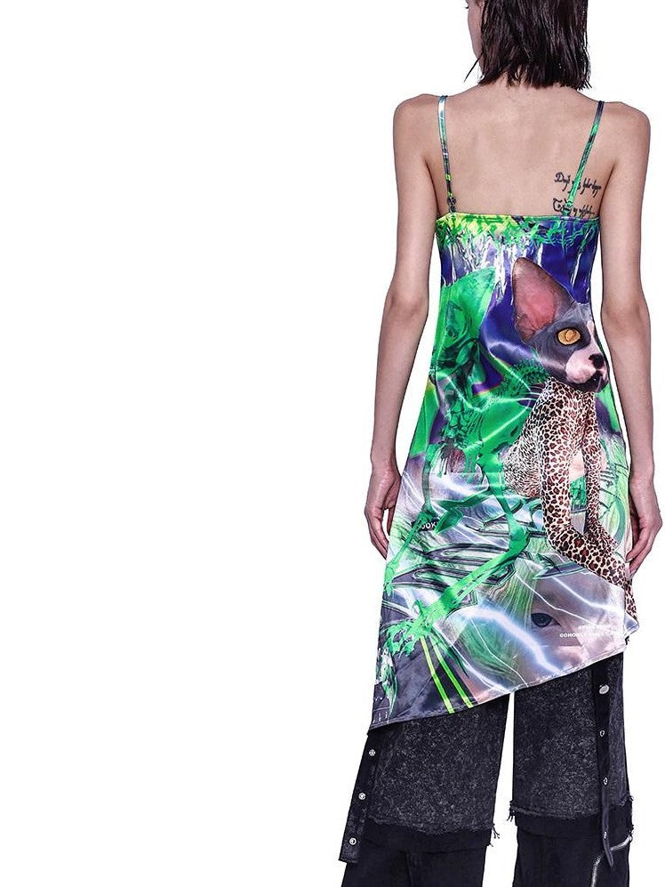 PINKSPINK Neon Green Sphinx Cat 3d Portrait Digital Print Women's Cotton Slip Midi Dresses
