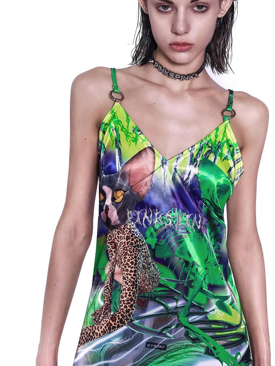 PINKSPINK Neon Green Sphinx Cat 3d Portrait Digital Print Women's Cotton Slip Midi Dresses