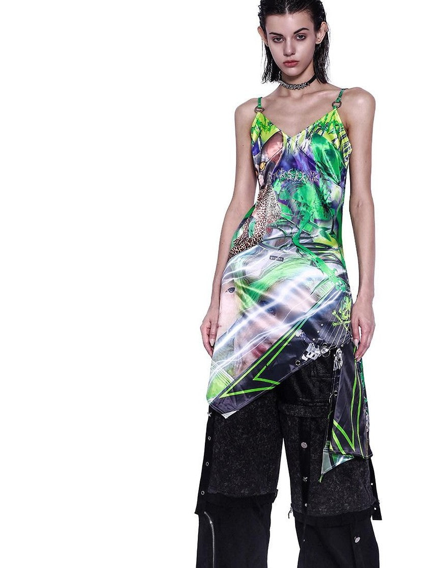 PINKSPINK Neon Green Sphinx Cat 3d Portrait Digital Print Women's Cotton Slip Midi Dresses