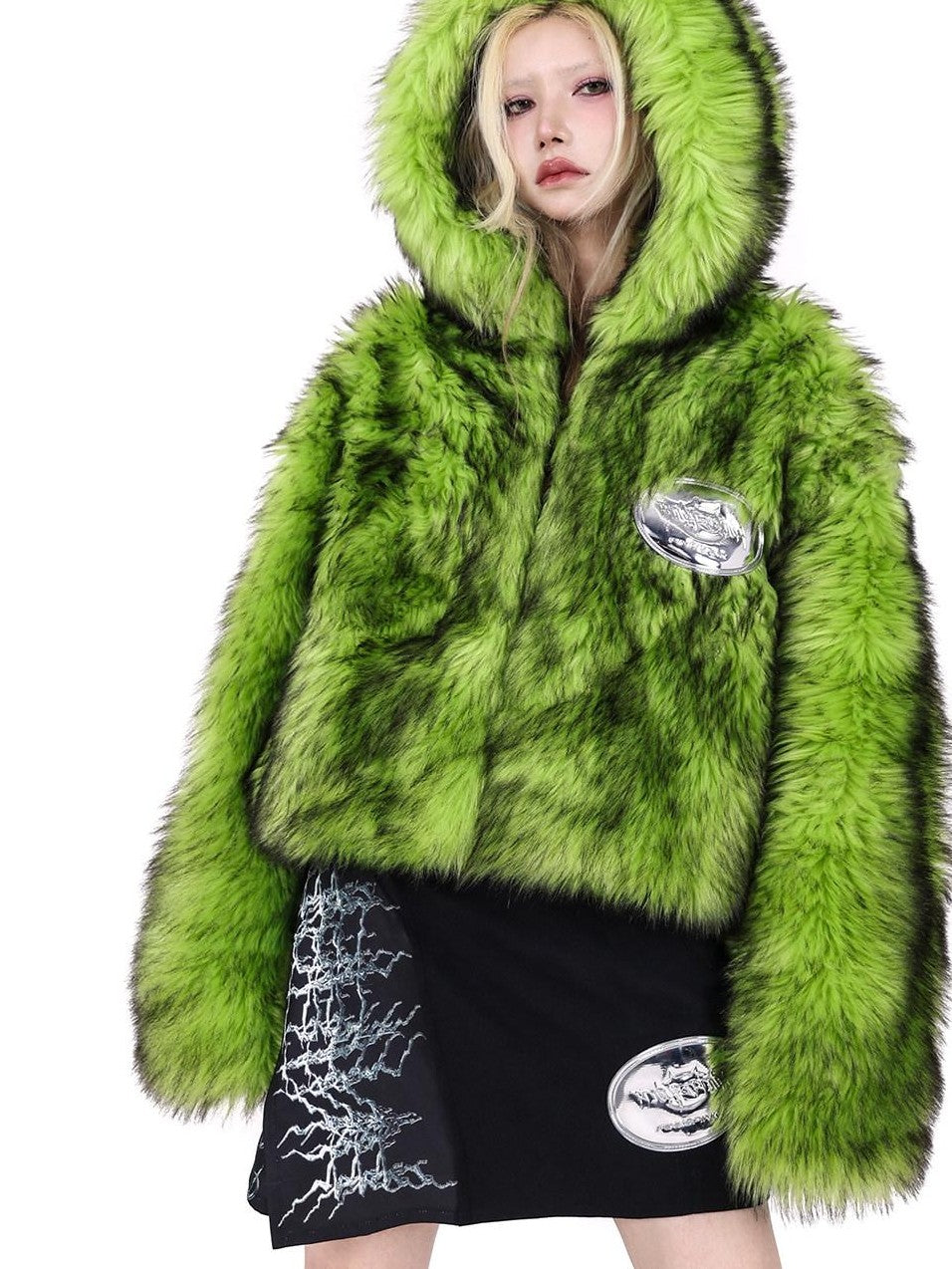 PINKSPINK Neon Green Spliced Black Reversible Hooded Boxy Women's Faux Fur Cropped Jackets