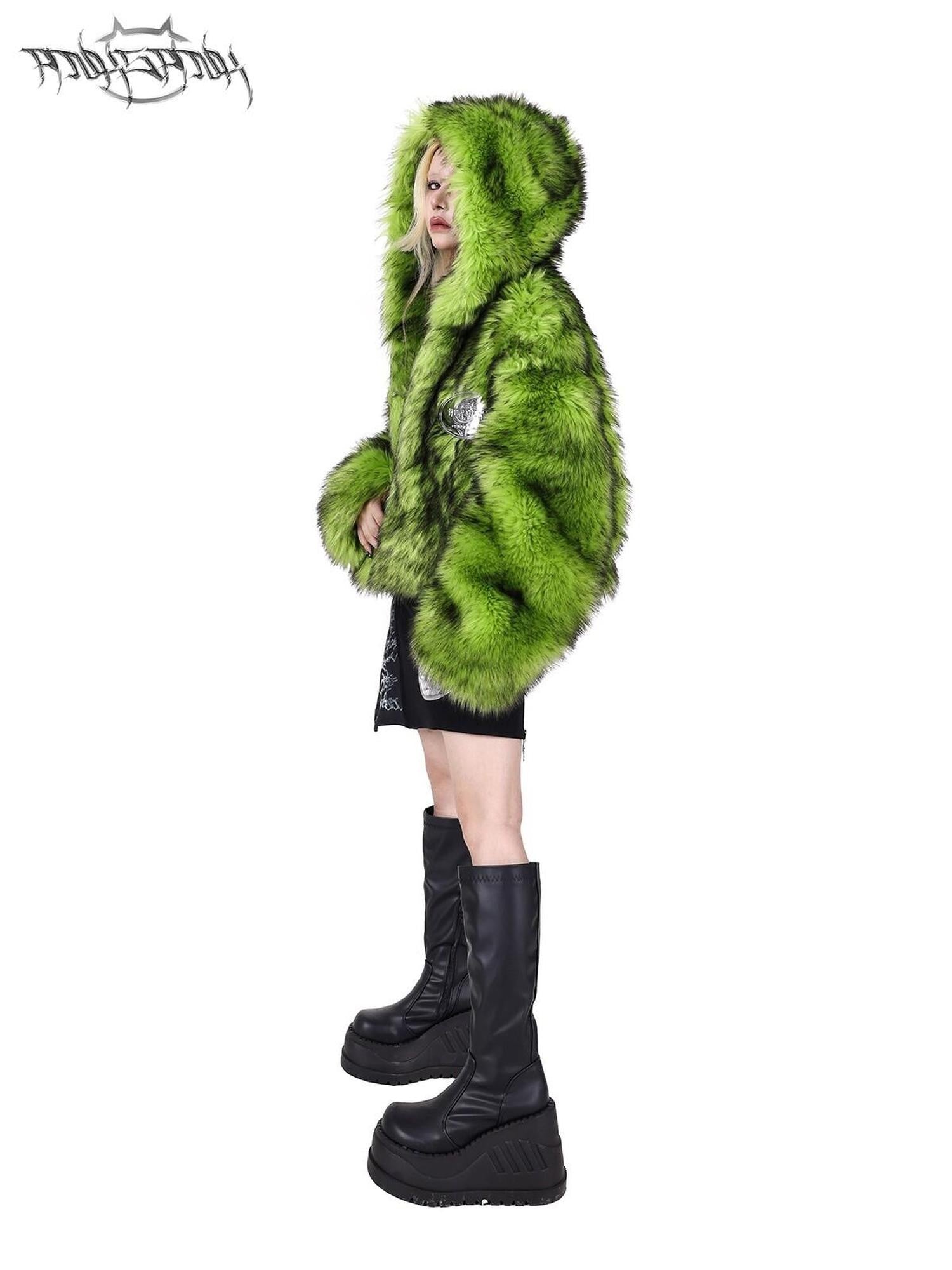 PINKSPINK Neon Green Spliced Black Reversible Hooded Boxy Women's Faux Fur Cropped Jackets