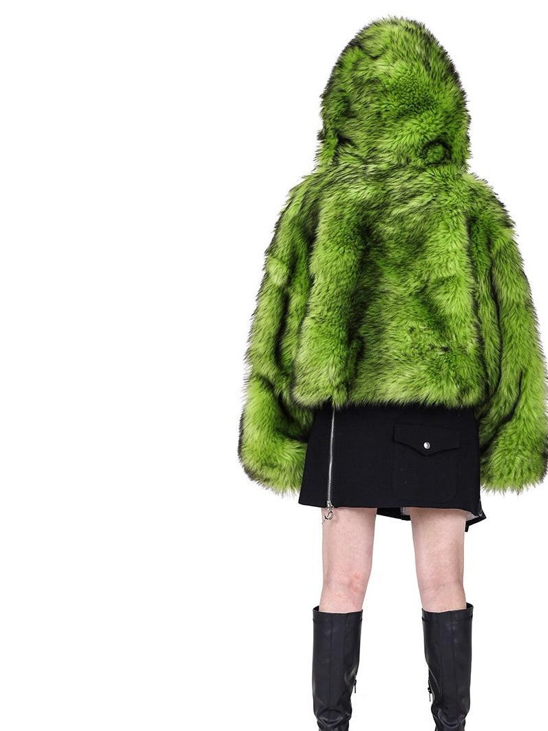 PINKSPINK Neon Green Spliced Black Reversible Hooded Boxy Women's Faux Fur Cropped Jackets
