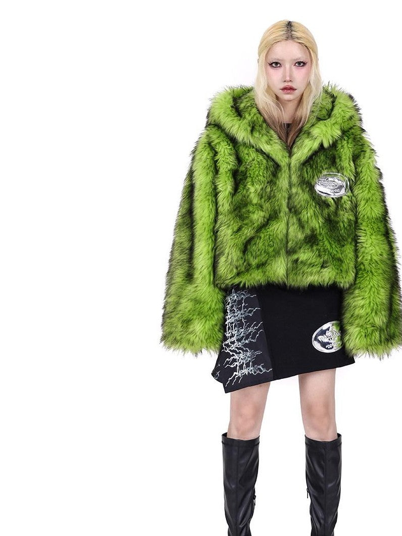 PINKSPINK Neon Green Spliced Black Reversible Hooded Boxy Women's Faux Fur Cropped Jackets