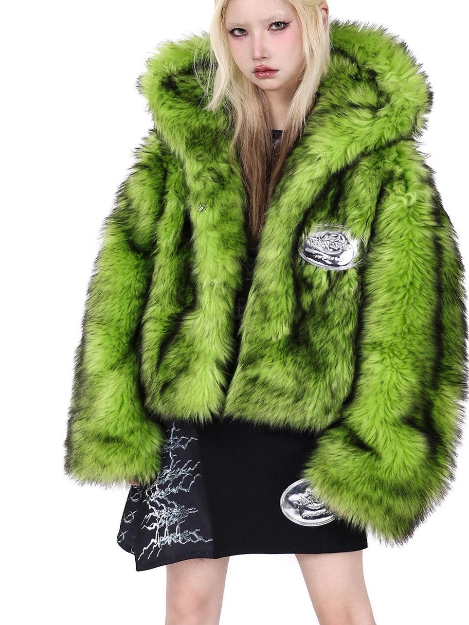 PINKSPINK Neon Green Spliced Black Reversible Hooded Boxy Women's Faux Fur Cropped Jackets