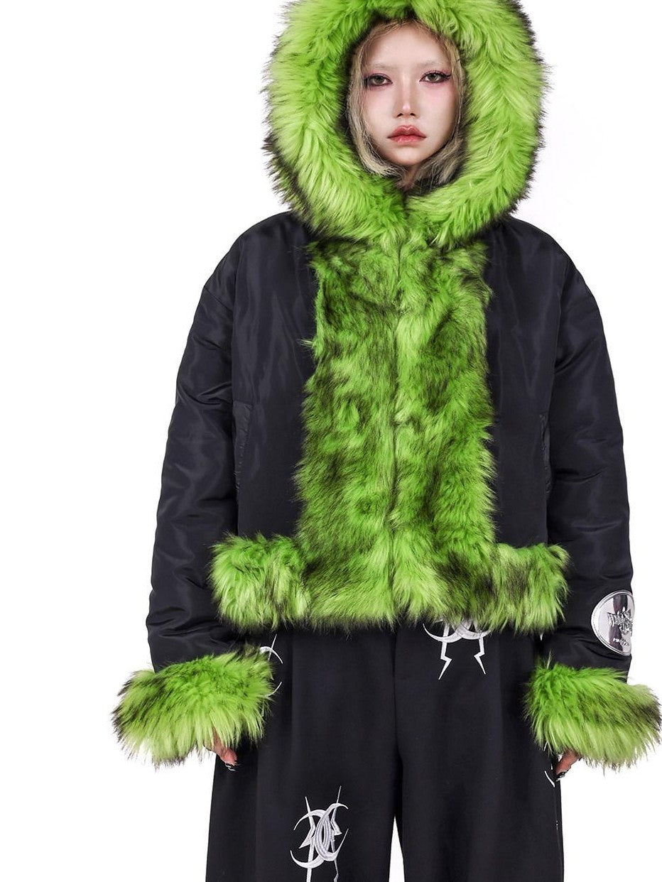 PINKSPINK Neon Green Spliced Black Reversible Hooded Boxy Women's Faux Fur Cropped Jackets