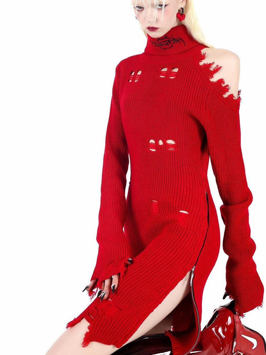 PINKSPINK Off Shoulder Embroidered Zipper Slit Women's Acrylic Knit Midi Dresses