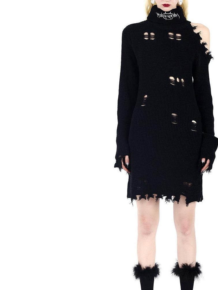 PINKSPINK Off Shoulder Embroidered Zipper Slit Women's Acrylic Knit Midi Dresses