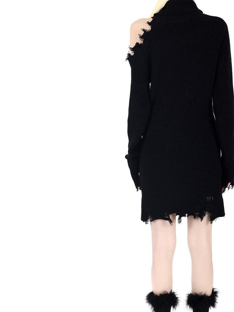 PINKSPINK Off Shoulder Embroidered Zipper Slit Women's Acrylic Knit Midi Dresses