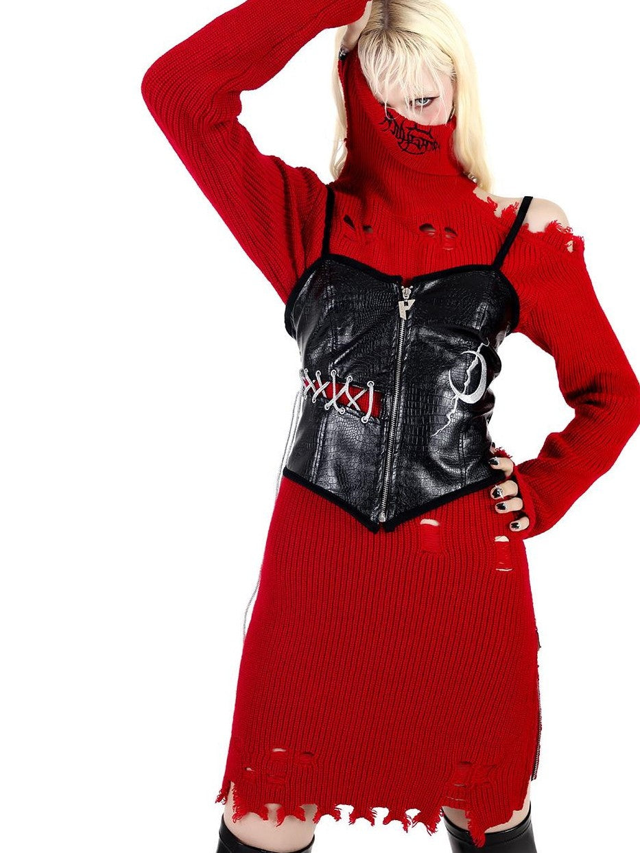 PINKSPINK Off Shoulder Embroidered Zipper Slit Women's Acrylic Knit Midi Dresses