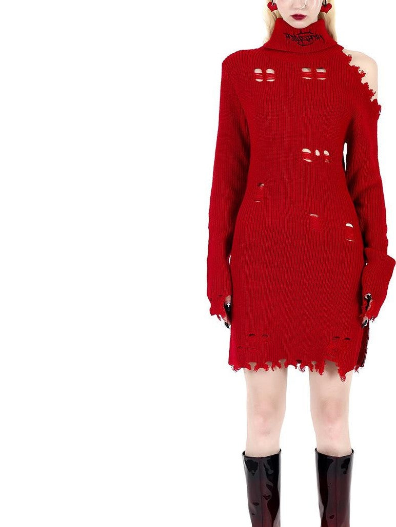 PINKSPINK Off Shoulder Embroidered Zipper Slit Women's Acrylic Knit Midi Dresses