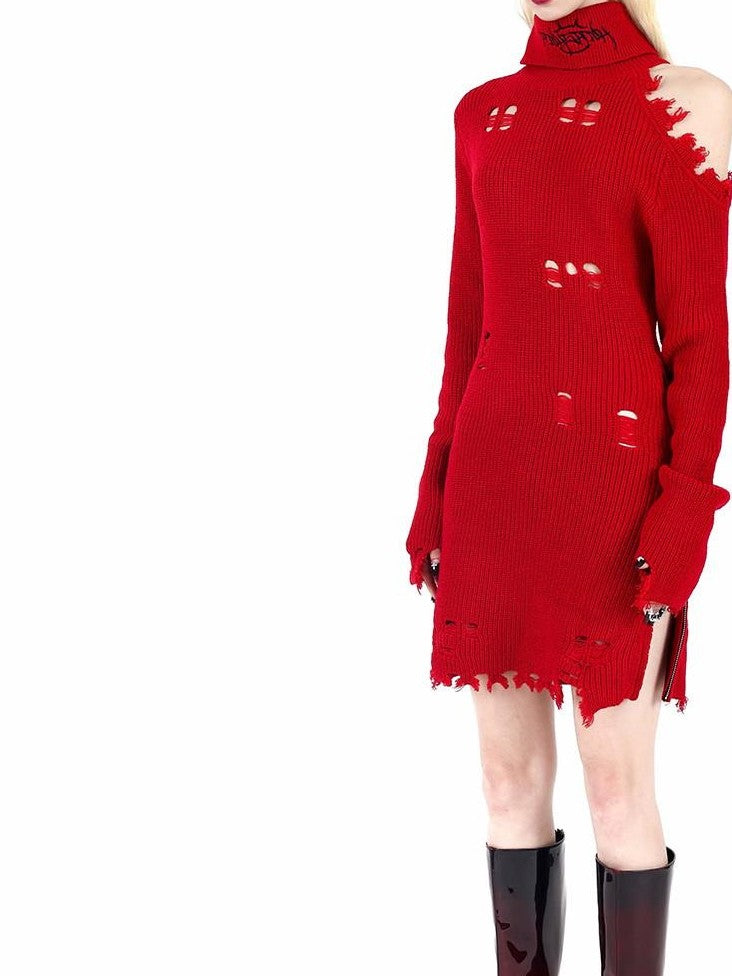 PINKSPINK Off Shoulder Embroidered Zipper Slit Women's Acrylic Knit Midi Dresses
