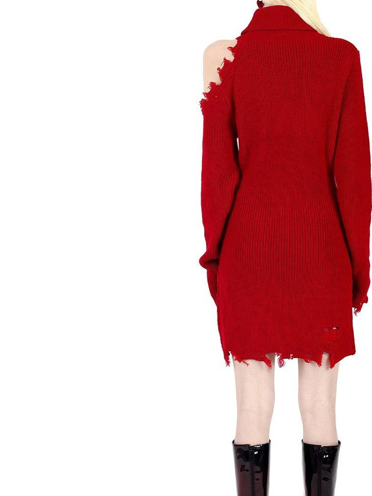 PINKSPINK Off Shoulder Embroidered Zipper Slit Women's Acrylic Knit Midi Dresses