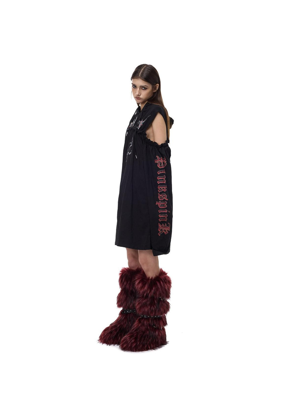PINKSPINK Off Shoulder Patchwork Hooded Embroidered Women's Cotton Casual Midi Dresses