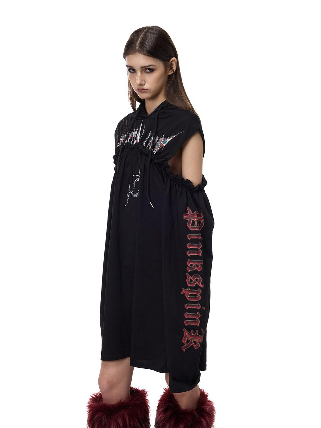 PINKSPINK Off Shoulder Patchwork Hooded Embroidered Women's Cotton Casual Midi Dresses