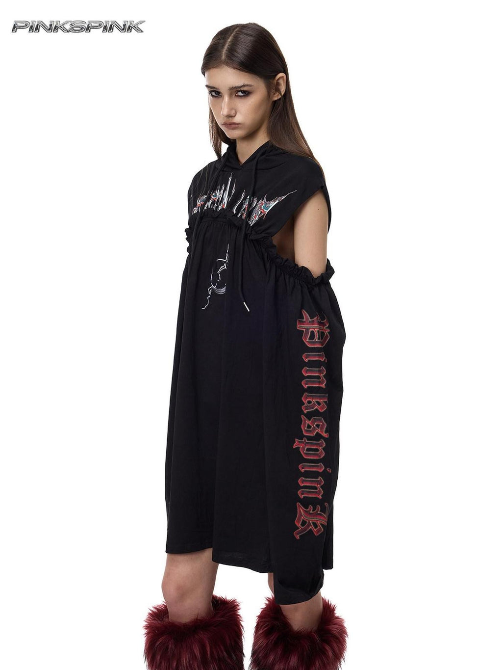 PINKSPINK Off Shoulder Patchwork Hooded Embroidered Women's Cotton Casual Midi Dresses