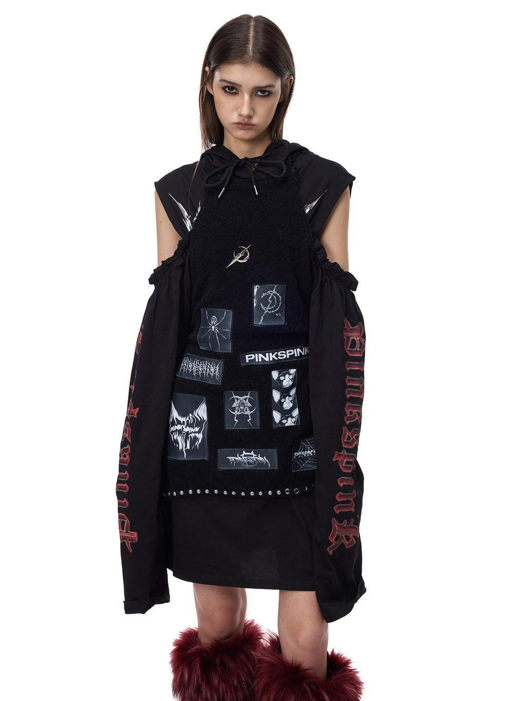 PINKSPINK Off Shoulder Patchwork Hooded Embroidered Women's Cotton Casual Midi Dresses