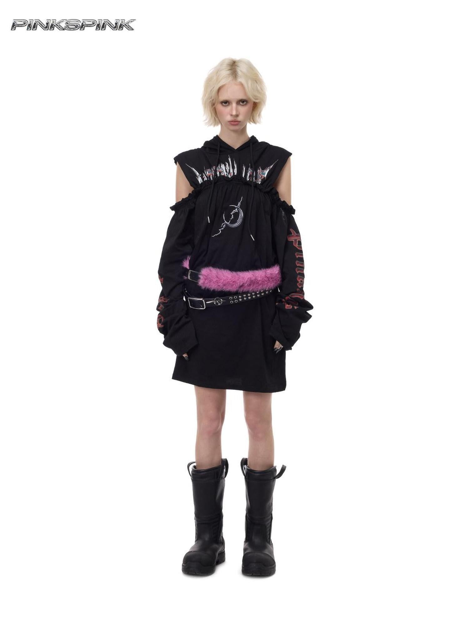 PINKSPINK Off Shoulder Patchwork Hooded Embroidered Women's Cotton Casual Midi Dresses