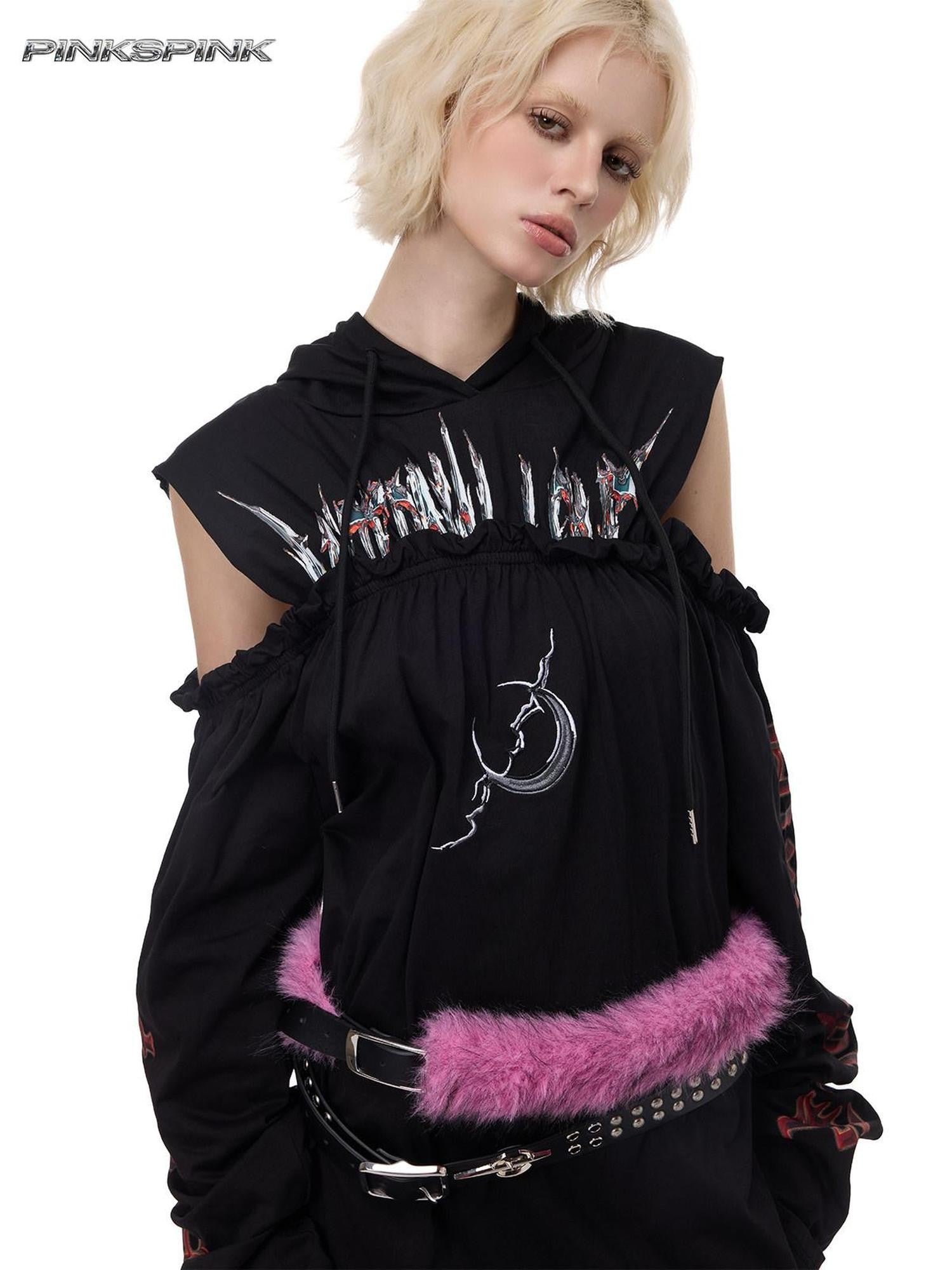 PINKSPINK Off Shoulder Patchwork Hooded Embroidered Women's Cotton Casual Midi Dresses
