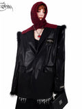PINKSPINK Ostrich Feather Trim Boxy Oversized Padded Shoulders Women's Pu Leather Blazers