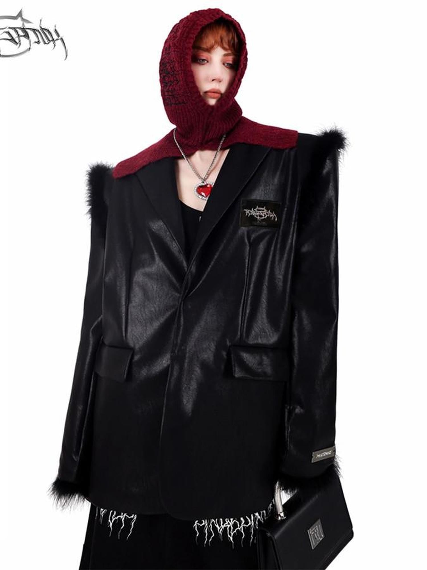 PINKSPINK Ostrich Feather Trim Boxy Oversized Padded Shoulders Women's Pu Leather Blazers