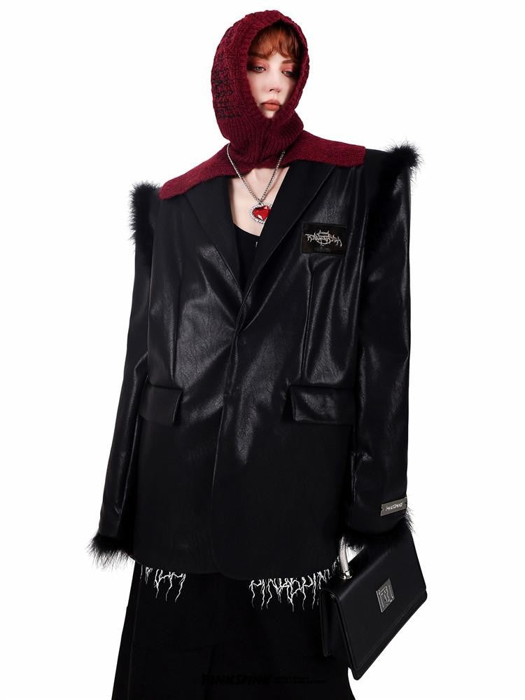 PINKSPINK Ostrich Feather Trim Boxy Oversized Padded Shoulders Women's Pu Leather Blazers
