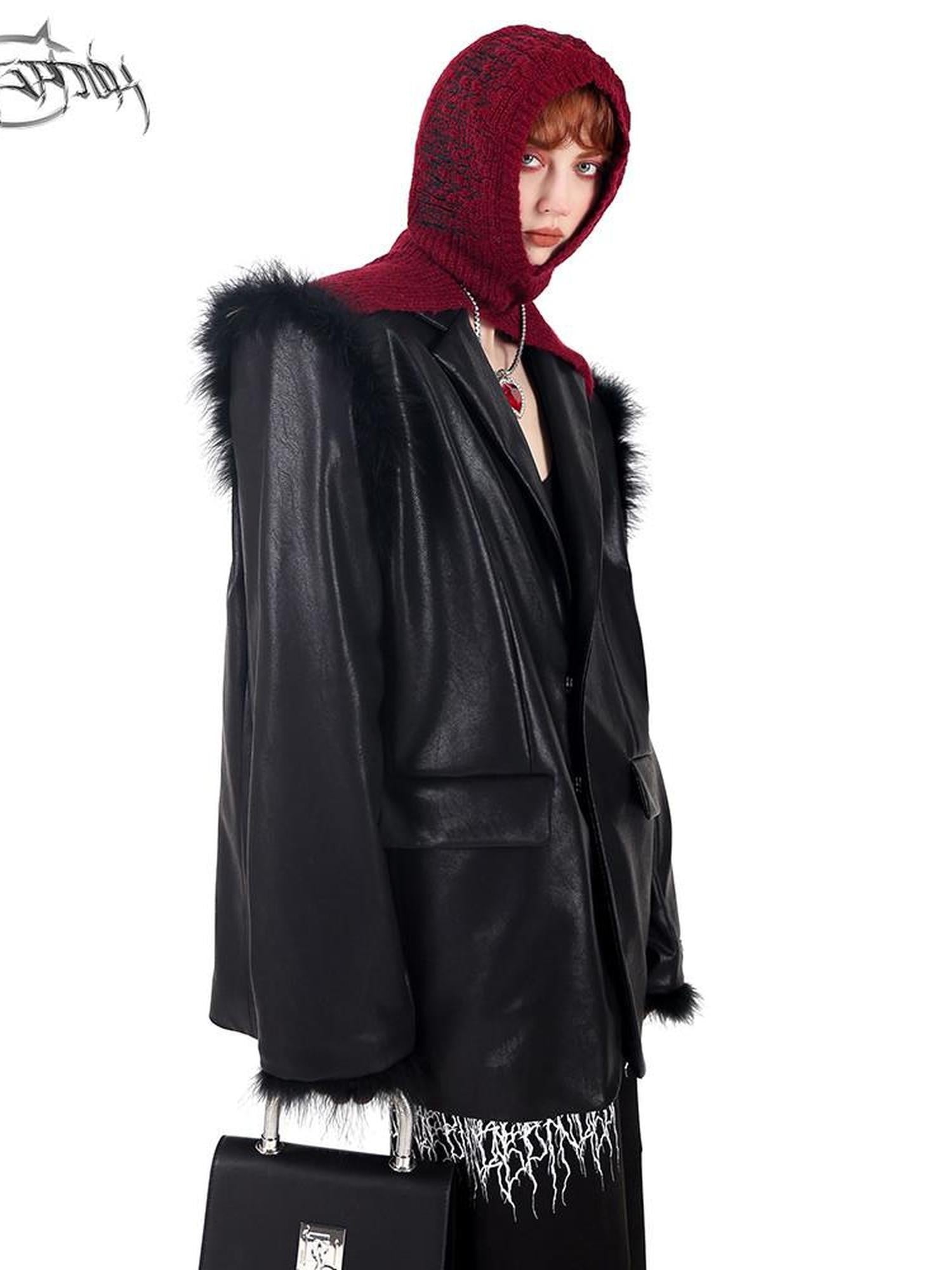 PINKSPINK Ostrich Feather Trim Boxy Oversized Padded Shoulders Women's Pu Leather Blazers