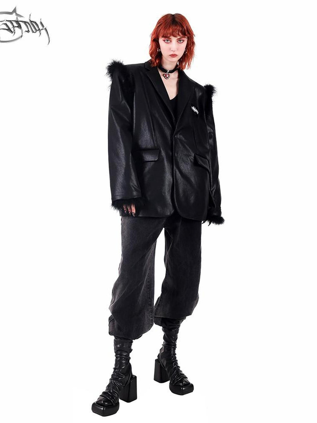 PINKSPINK Ostrich Feather Trim Boxy Oversized Padded Shoulders Women's Pu Leather Blazers