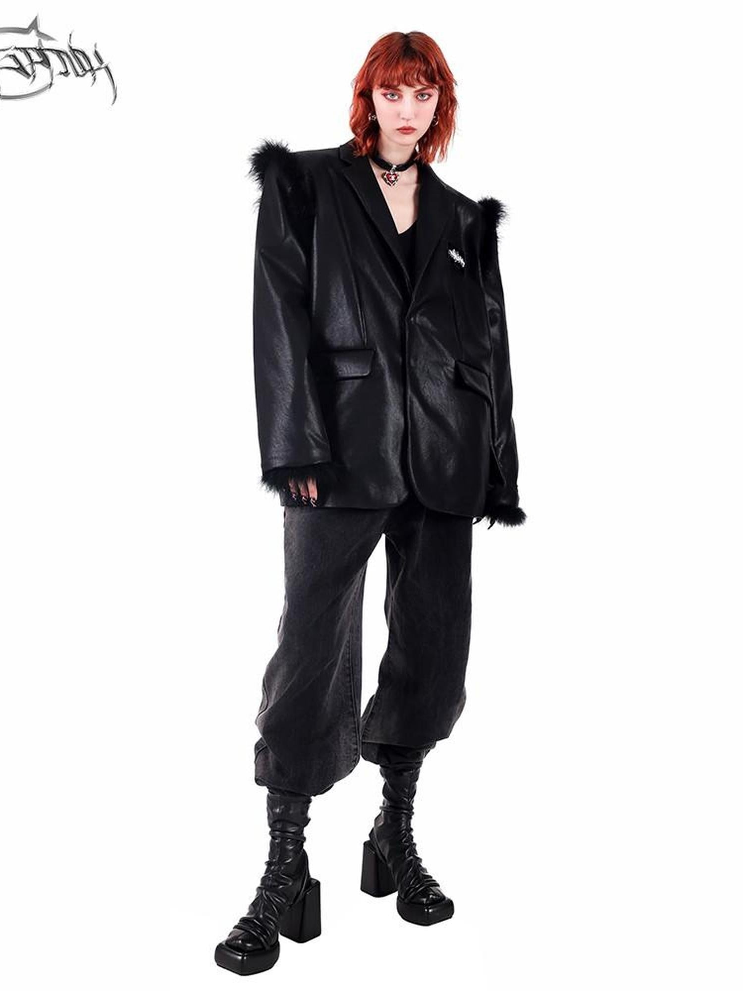 PINKSPINK Ostrich Feather Trim Boxy Oversized Padded Shoulders Women's Pu Leather Blazers