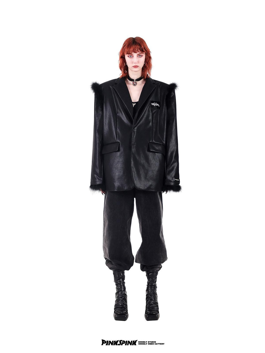 PINKSPINK Ostrich Feather Trim Boxy Oversized Padded Shoulders Women's Pu Leather Blazers