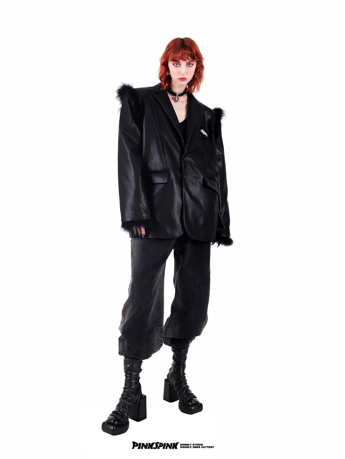 PINKSPINK Ostrich Feather Trim Boxy Oversized Padded Shoulders Women's Pu Leather Blazers