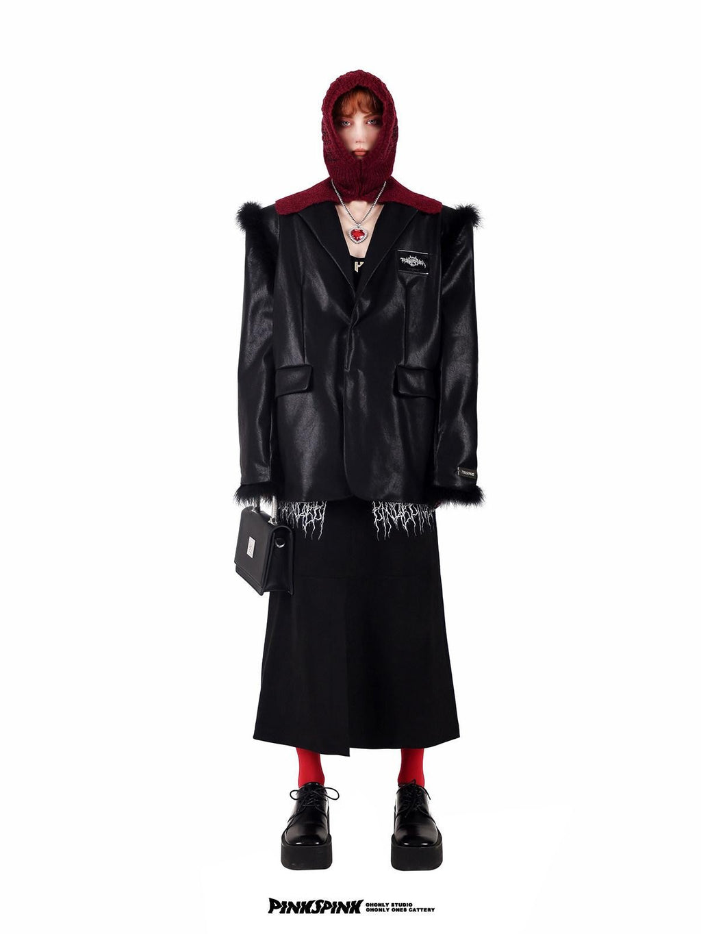 PINKSPINK Ostrich Feather Trim Boxy Oversized Padded Shoulders Women's Pu Leather Blazers
