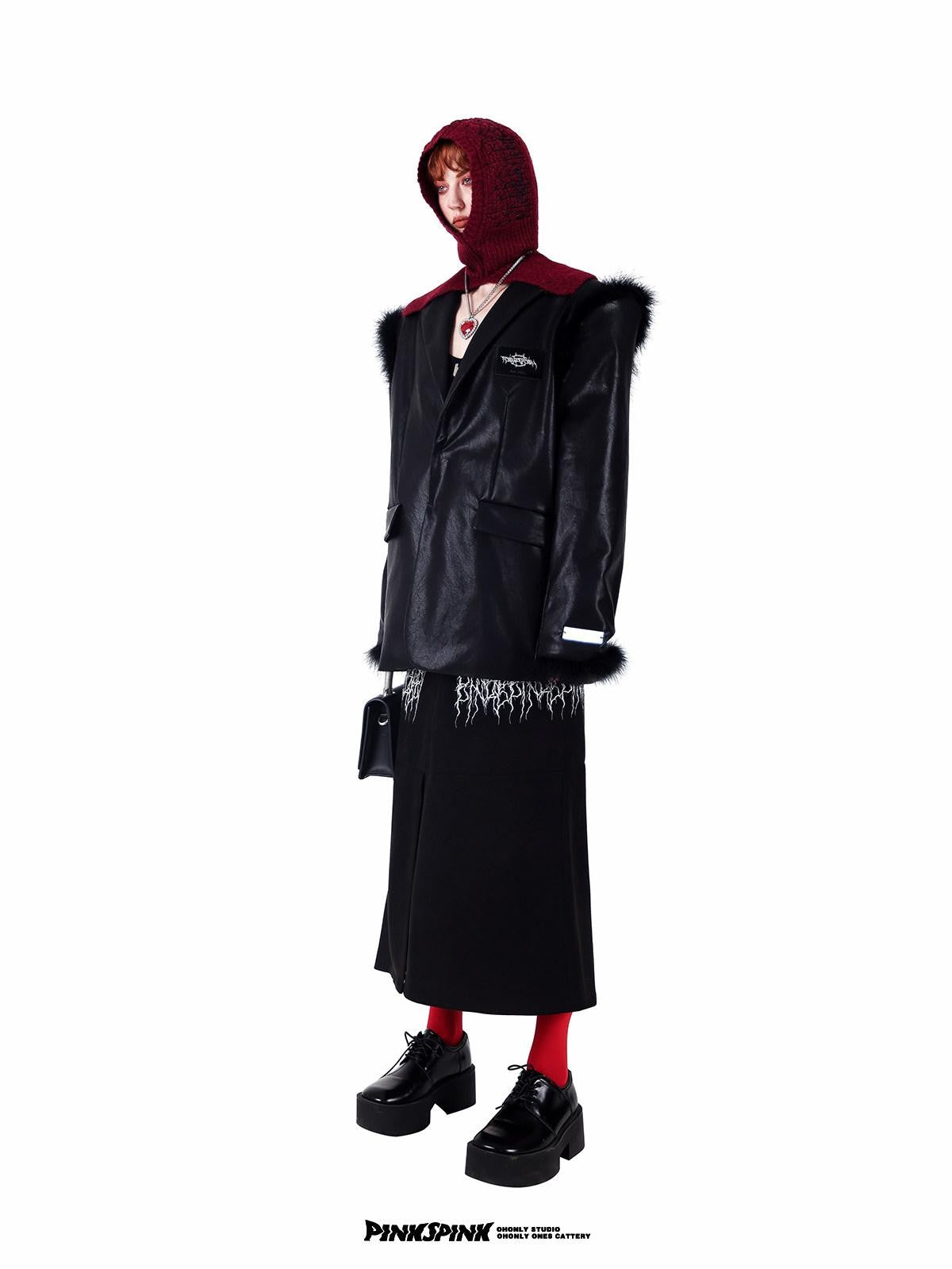 PINKSPINK Ostrich Feather Trim Boxy Oversized Padded Shoulders Women's Pu Leather Blazers