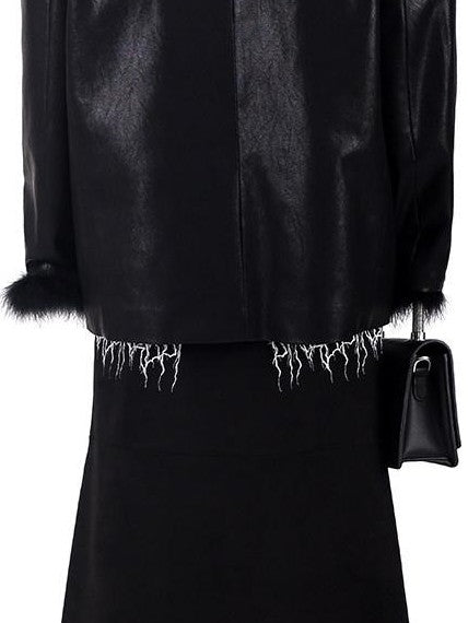 PINKSPINK Ostrich Feather Trim Padded Shoulder Oversized Women's Pu Leather Blazers