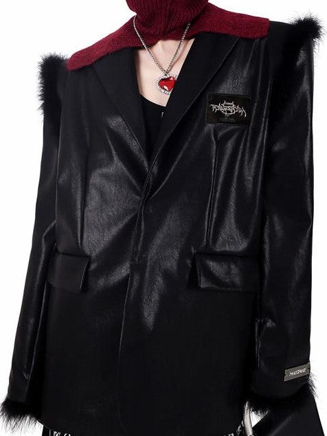 PINKSPINK Ostrich Feather Trim Padded Shoulder Oversized Women's Pu Leather Blazers
