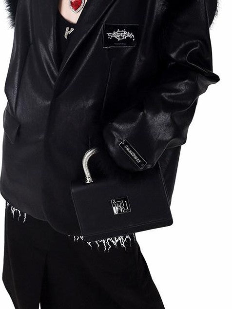 PINKSPINK Ostrich Feather Trim Padded Shoulder Oversized Women's Pu Leather Blazers