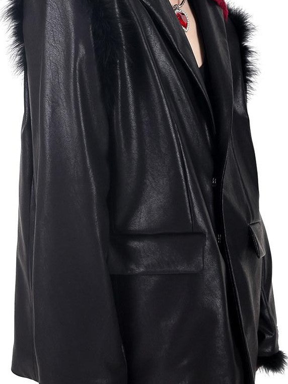 PINKSPINK Ostrich Feather Trim Padded Shoulder Oversized Women's Pu Leather Blazers