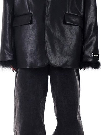 PINKSPINK Ostrich Feather Trim Padded Shoulder Oversized Women's Pu Leather Blazers