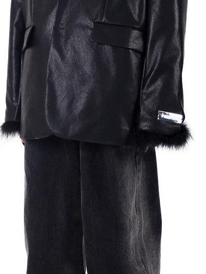 PINKSPINK Ostrich Feather Trim Padded Shoulder Oversized Women's Pu Leather Blazers