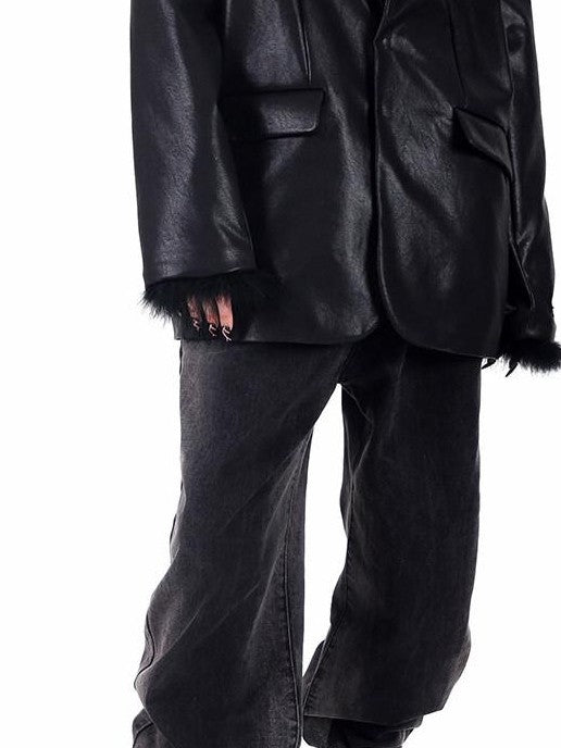 PINKSPINK Ostrich Feather Trim Padded Shoulder Oversized Women's Pu Leather Blazers