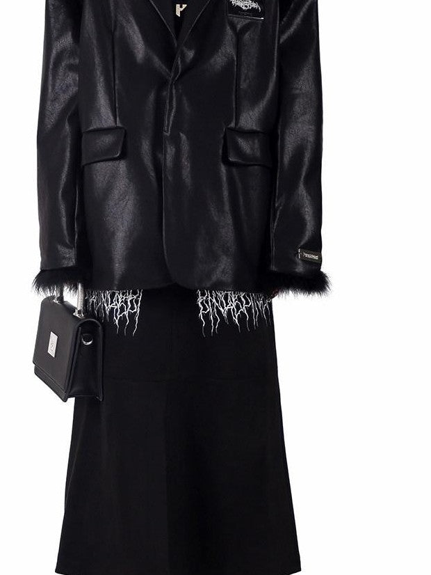 PINKSPINK Ostrich Feather Trim Padded Shoulder Oversized Women's Pu Leather Blazers