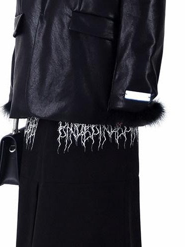 PINKSPINK Ostrich Feather Trim Padded Shoulder Oversized Women's Pu Leather Blazers