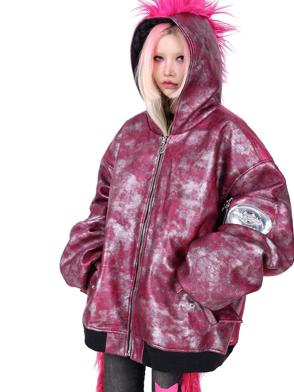 PINKSPINK Oversized Hooded Punk Crest Concept Polo Collar Zipper Women's Puffer Jackets